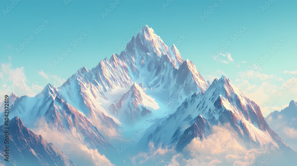 Mountain view with snow-capped peaks and a clear blue sky, panoramic wallpaper. Snow-capped Peaks. Illustration Mountain view with snow-capped peaks and a clear blue sky, panoramic wallpaper. Snow-capped Peaks. Illustration