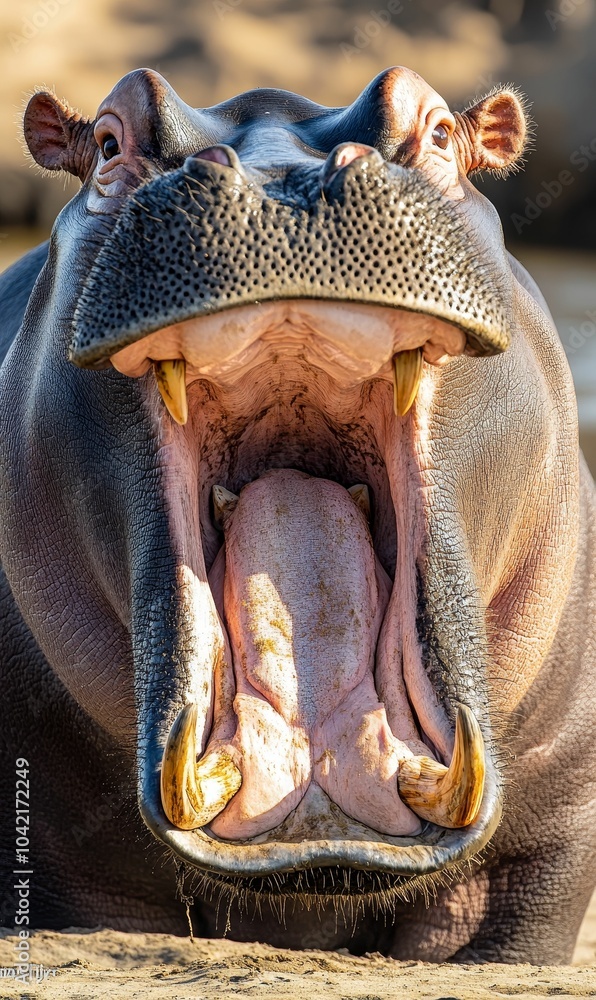 Hippopotamus with open mouth, showing teeth. Hippopotamus with open mouth, showing teeth.
