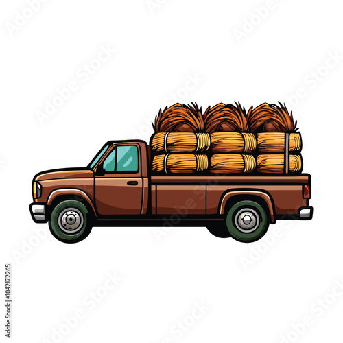 A realistic vector illustration of a brown pickup truck with hay bales in the back.