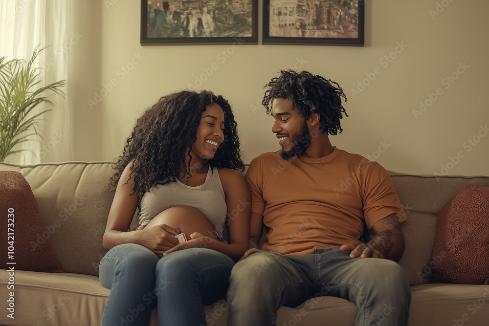 In their serene living room, the happy afro couple exchanges elated whispers as they share the thrilling news captured by the pregnancy test, its positive result igniting a spark o In their serene living room, the happy afro couple exchanges elated whispers as they share the thrilling news captured by the pregnancy test, its positive result igniting a spark o
