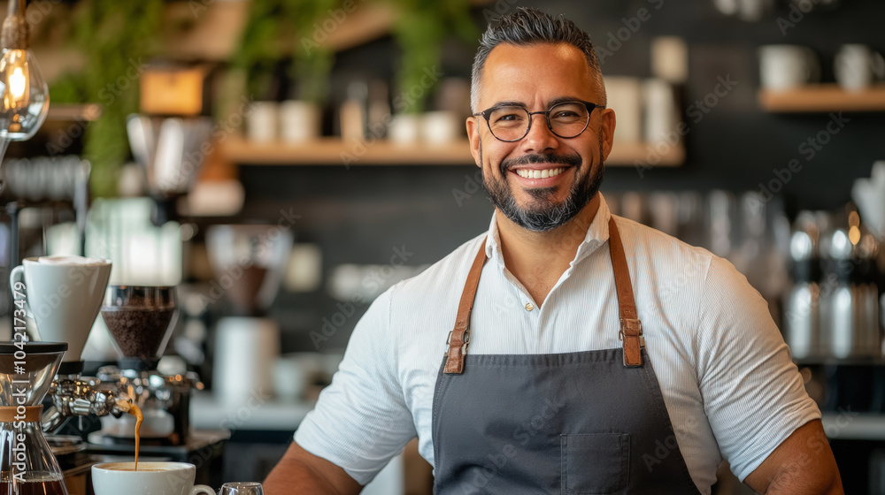 A smiling barista in an apron stands in a modern coffee shop, surrounded by brewing equipment and plants, creating a welcoming atmosphere. A smiling barista in an apron stands in a modern coffee shop, surrounded by brewing equipment and plants, creating a welcoming atmosphere.