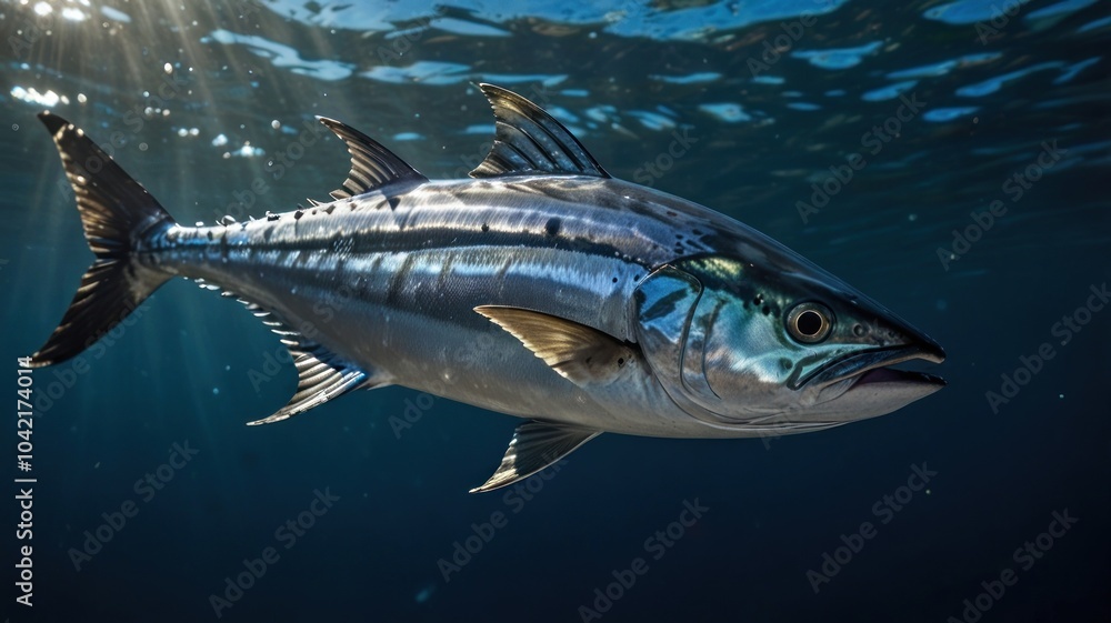 A silver fish with black stripes swims through the blue ocean water with sunbeams shining through. A silver fish with black stripes swims through the blue ocean water with sunbeams shining through.