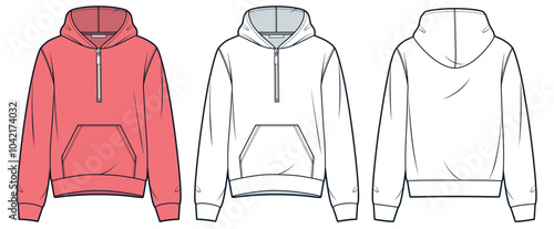 Half Zip Hoodie technical fashion illustration. Sweatsirt fashion flat technical drawing template, pocket, relaxed fit, front and back view, pink red, women, men, unisex CAD mockup set.