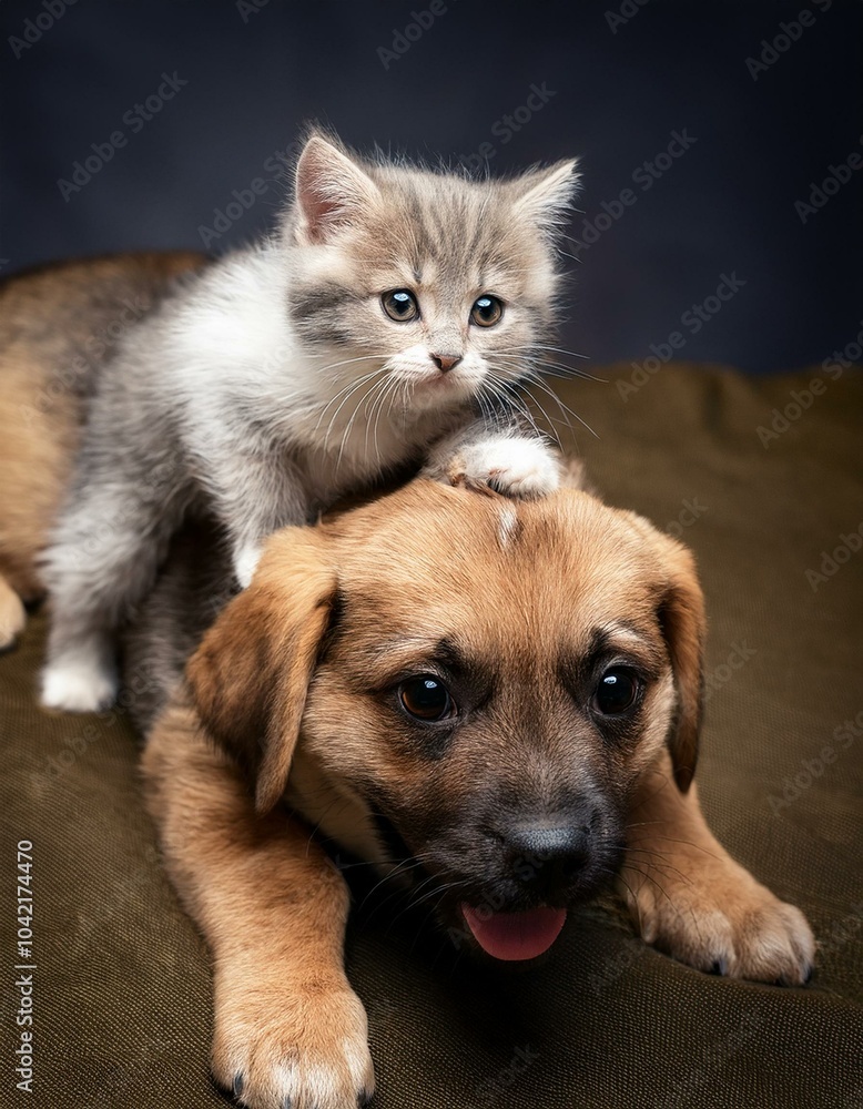 Fototapeta premium un gatito y un perro juntos, estampa amorosa
