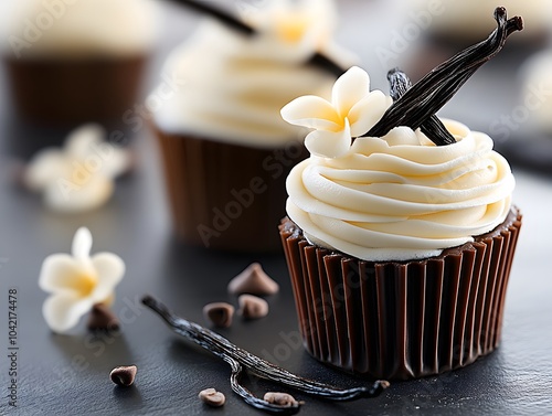 Chocolate cupcake with vanilla frosting topped with vanilla bean and edible flower decoration photo