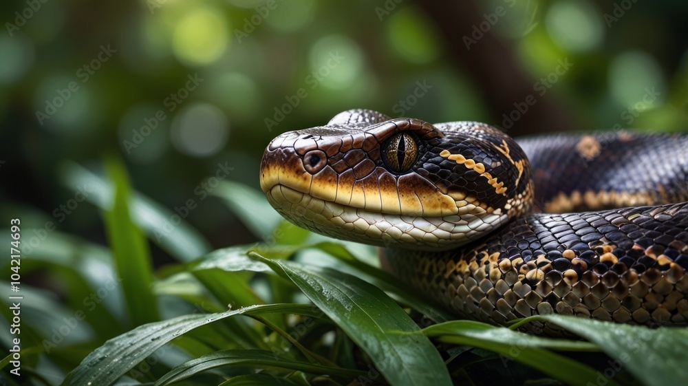Obraz premium A close-up of a black and yellow snake with a sharp gaze, camouflaged in green foliage.