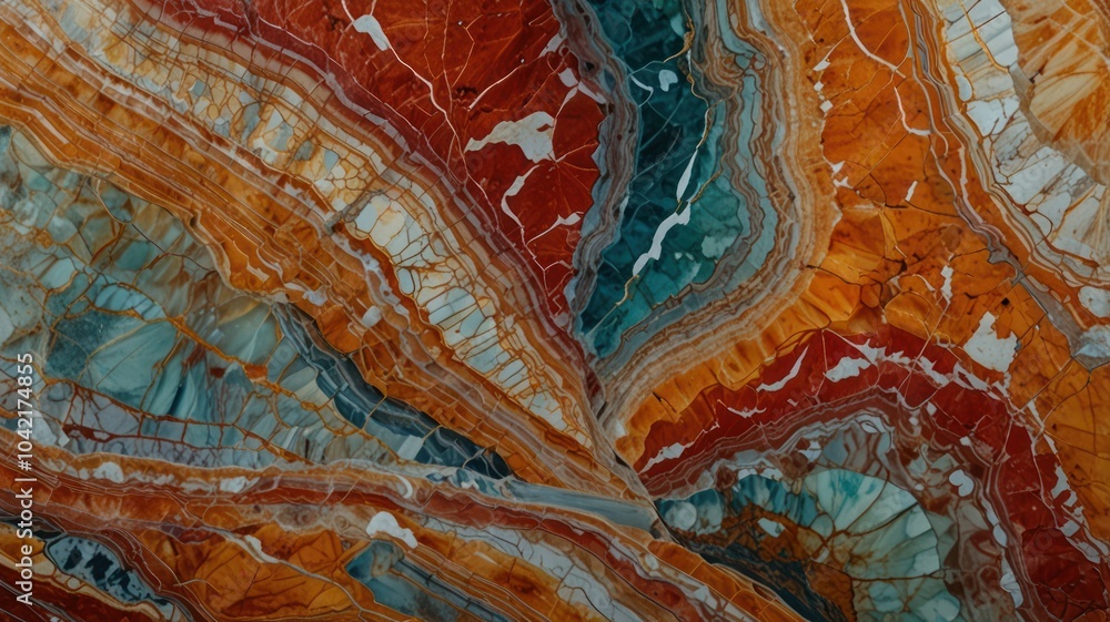 Abstract close-up of colorful agate with swirling patterns of red, orange, blue and white. Abstract close-up of colorful agate with swirling patterns of red, orange, blue and white.