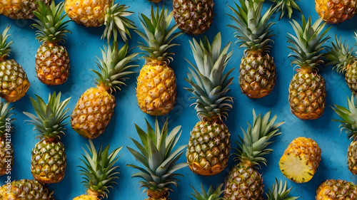 Vibrant arrangement of fresh pineapples on a blue background, showcasing their unique texture and tropical appeal.