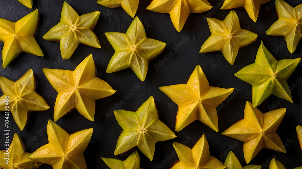 Vibrant yellow starfruit slices arranged artistically on a dark surface, showcasing their unique star shape and fresh appeal. Vibrant yellow starfruit slices arranged artistically on a dark surface, showcasing their unique star shape and fresh appeal.