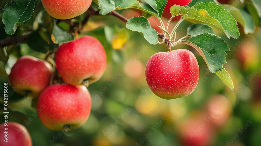Red apples hanging on a tree branch in an orchard Red apples hanging on a tree branch in an orchard