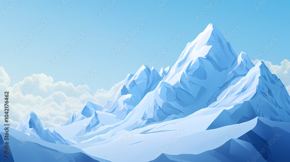 Fototapeta premium Majestic snow-capped mountain peaks rise against a pristine blue sky, showcasing nature's grandeur and tranquility in a serene alpine landscape. Snow-capped Peaks. Illustration
