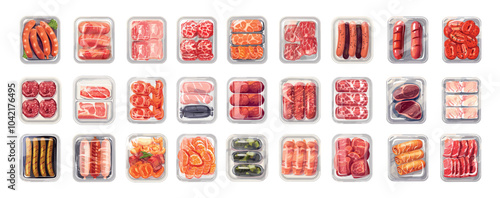 Plastic tray meat semi finished products cartoon vector set. Beef bacon steak pork sausage chicken fillet packaging vacuum containers, fresh frozen cooled culinary, isolated illustrations photo