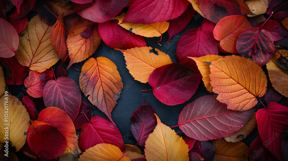 Colorful autumn leaves, featuring maple and beech, on dark background. Colorful autumn leaves, featuring maple and beech, on dark background.