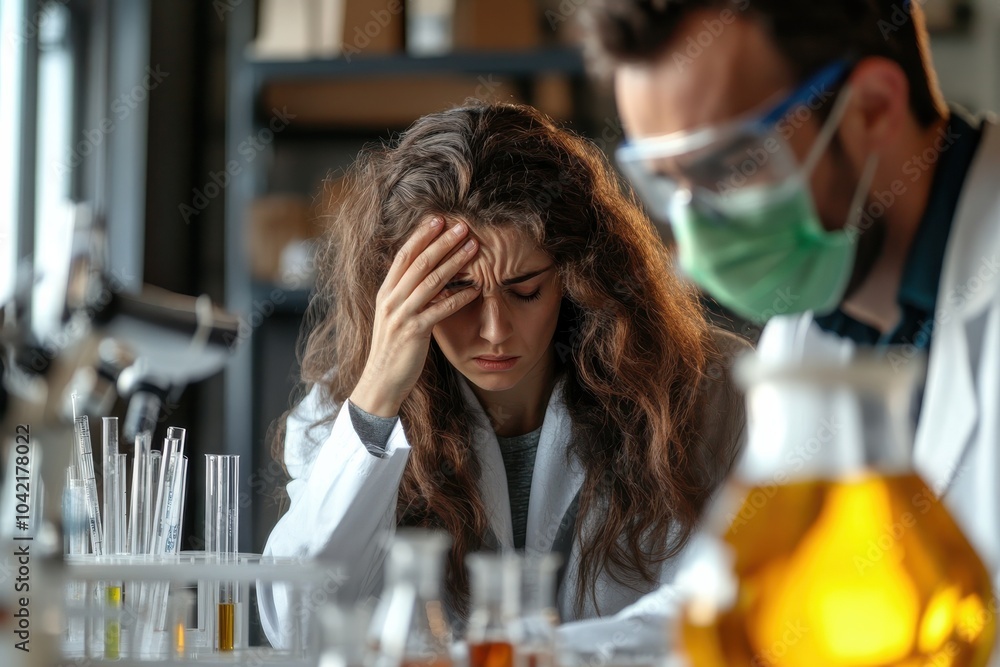 A young scientist appears stressed while sitting in a lab, hand on forehead, facing challenges with ongoing scientific experiments. A young scientist appears stressed while sitting in a lab, hand on forehead, facing challenges with ongoing scientific experiments.