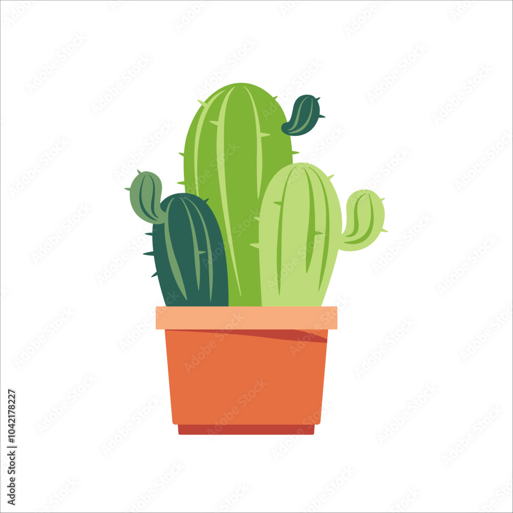 Illustration of multiple green cacti in a terracotta pot on a white background. Concept of indoor plants, gardening, and nature Illustration of multiple green cacti in a terracotta pot on a white background. Concept of indoor plants, gardening, and nature