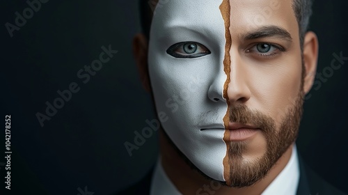 A striking portrait of a man with a face split in half, one side showing his natural appearance and the other covered by a smooth white mask, symbolizing duality, hidden identity, and mystery photo