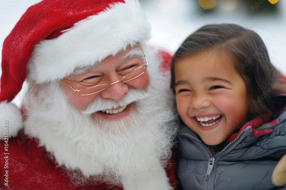 young girl is smiling at Santa Claus. The scene is festive and joyful, with the girl and Santa both wearing red and white clothing young girl is smiling at Santa Claus. The scene is festive and joyful, with the girl and Santa both wearing red and white clothing