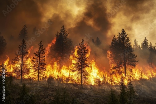 Intense Forest Fire Engulfing Trees