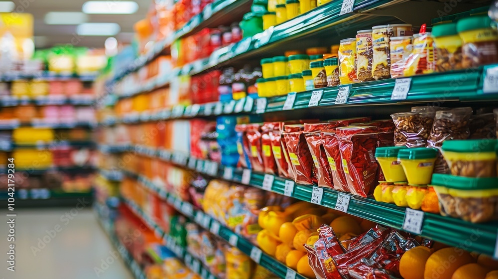 Fototapeta premium Supermarket aisle with colorful packaged food products on shelves