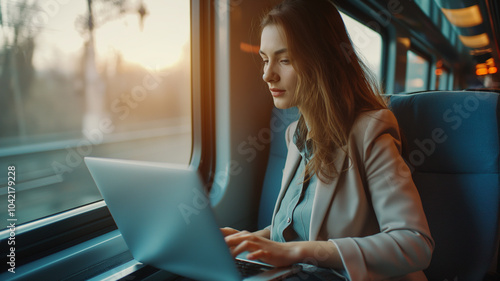 Businesswoman working in the train in a business trip