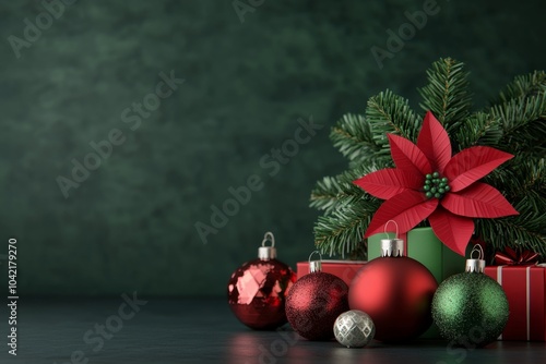 Festive Christmas Decorations: Red and Green Ornaments with Pine and Poinsettia on Dark Background photo