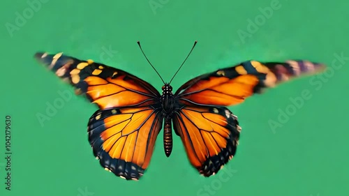 Butterfly flying on green screen background, butterfly flapping wings generative ai