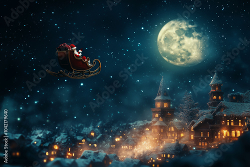 Wallpaper Mural red sleigh with santa and his reindeer flying through the sky. The sky is dark and the moon is visible. The scene is set in a small town with houses and buildings Torontodigital.ca