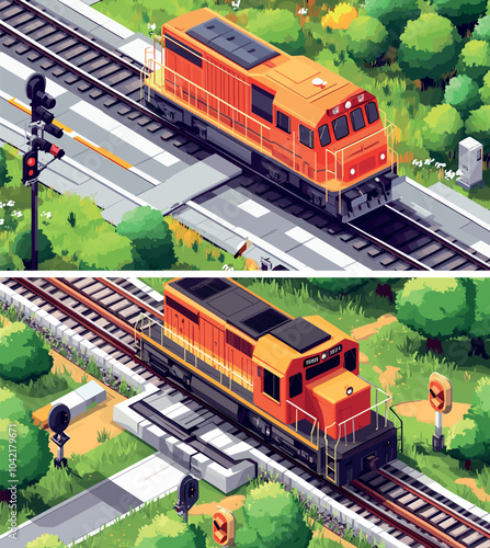 Rail track heavy locomotive waiting signal isometric vector scenes. Diesel train wait switching line road semaphore, railway control routes lines communication, illustrations concepts
