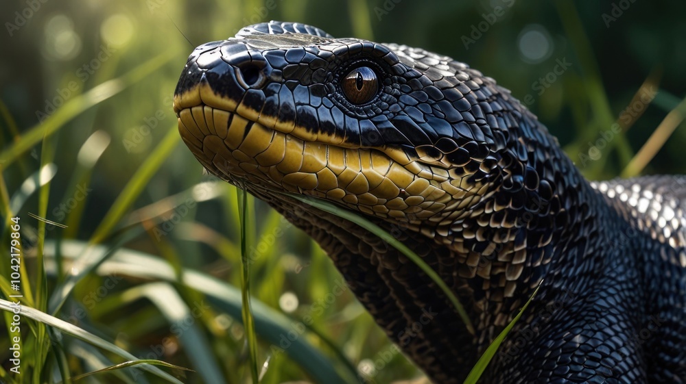 A close-up of a black and yellow snake with a sharp gaze, its head peeking out from tall grass. A close-up of a black and yellow snake with a sharp gaze, its head peeking out from tall grass.
