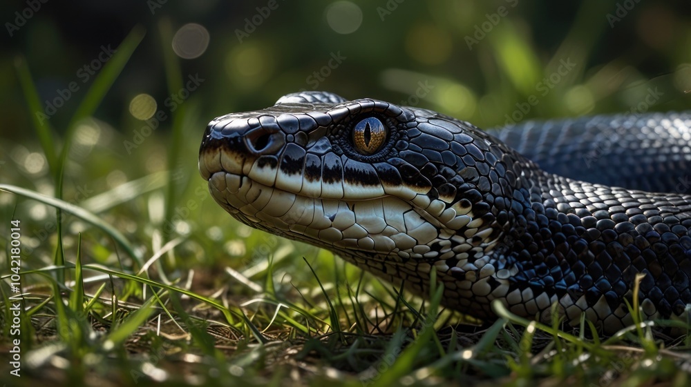 A black snake with a yellow eye looks directly at the camera. The snake's scales are visible in the sunlight, and the background is a blurry green of grass and leaves. A black snake with a yellow eye looks directly at the camera. The snake's scales are visible in the sunlight, and the background is a blurry green of grass and leaves.
