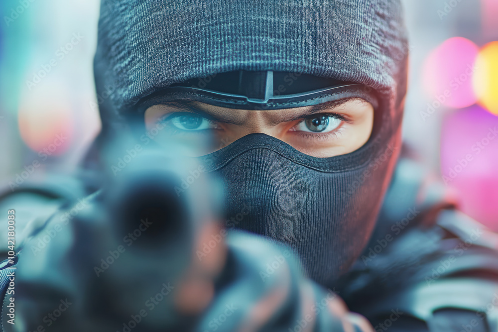 A masked individual with piercing eyes aims a gun directly at the viewer, creating an intense and suspenseful atmosphere with colorful blurred lights behind. A masked individual with piercing eyes aims a gun directly at the viewer, creating an intense and suspenseful atmosphere with colorful blurred lights behind.