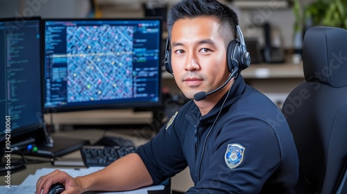 Police Dispatcher at Work: Focused Asian Officer with Headset Monitors Real-Time City Surveillance Data