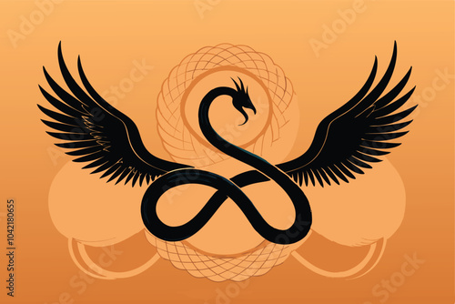 A black phoenix with outstretched wings intertwined with a black snake against an orange background.