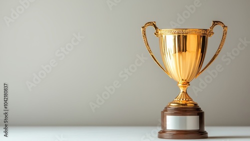 Shiny golden trophy on a neutral background, symbolizing achievement and success.