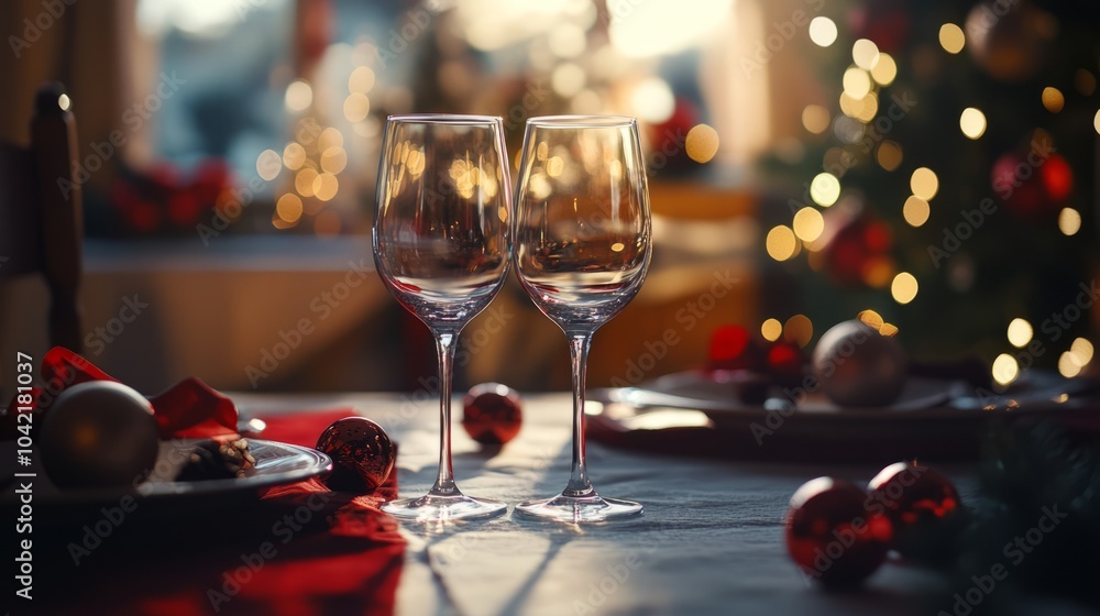 two wine glasses on Christmas or new year table, light white colors, soft light two wine glasses on Christmas or new year table, light white colors, soft light