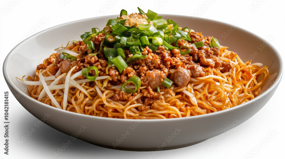 A bowl of flavorful noodles topped with minced meat, green onions, and bean sprouts, showcasing a vibrant and appetizing meal. A bowl of flavorful noodles topped with minced meat, green onions, and bean sprouts, showcasing a vibrant and appetizing meal.