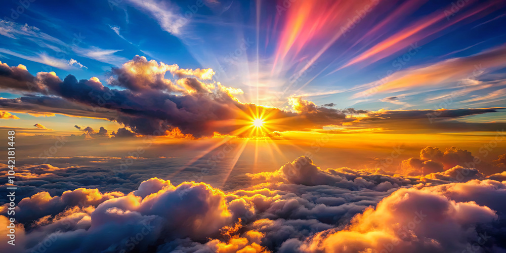 Obraz premium A spectacular sunrise casts golden rays over a sea of clouds, creating a stunning landscape filled with vibrant colors. The sky transitions from deep blue to warm orange and pink