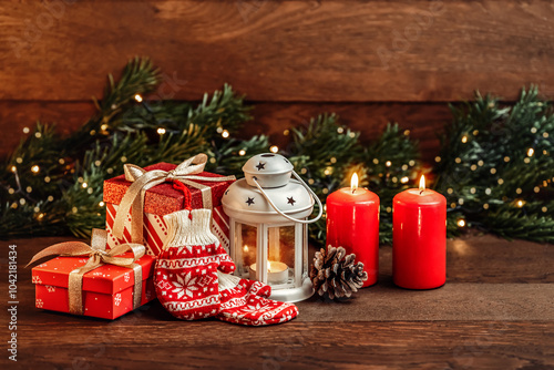 Obraz na płótnie Merry Christmas greetings. Knitting mittens with ornaments, Lantern with candles, red candles and fir branches on a dark wooden background w salonie