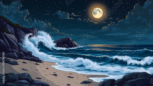 Night time beach scene with crescent moon over the ocean, waves crashing on rocks, and full moon in the sky. Crescent Moon Beach. Illustration