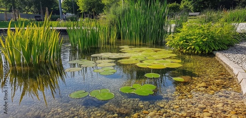 Fototapeta Naklejka Na Ścianę i Meble -  A serene park pond with clear water and a diverse range of aquatic plants, featuring natural filtration systems that create a sustainable habitat for fish and birds.