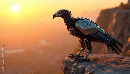 Robotic eagle perched on a rocky cliff during sunset, intricate wires and gears exposed, 8k unreal engine render, photorealistic colors capturing the warm tones of the setting sun reflecting. photo