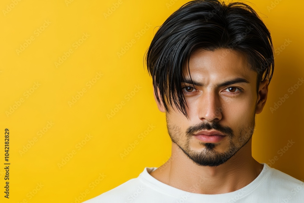 Fototapeta premium 明るい黄色の背景の前に立つ若い男性のポートレートとその魅力