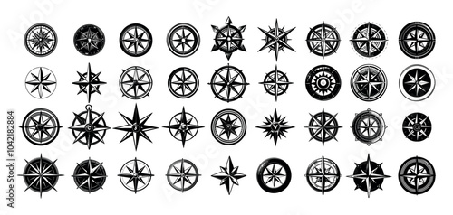 Retro compass black ink sketch vector set. Cartography navigation wind rose pointer, journey route travel router, adventure path direction vintage devices, isolated artworks on white backdrop