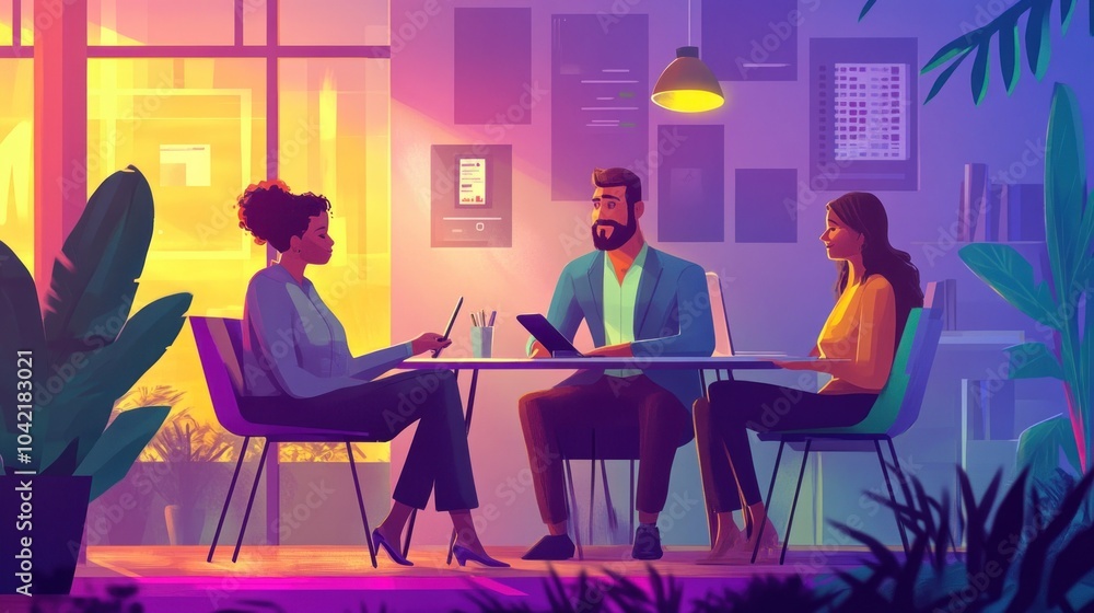 Three colleagues sitting at a desk in an office, talking and working on projects together. Three colleagues sitting at a desk in an office, talking and working on projects together.