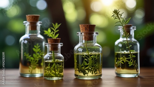 Four glass bottles with cork stoppers filled with green liquid and a small plant growing out of each.