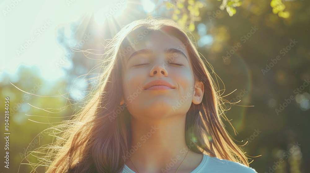 A young woman stands outdoors, basking in the warm sunlight with her eyes closed. She appears serene and content, embracing the calming beauty of nature around her A young woman stands outdoors, basking in the warm sunlight with her eyes closed. She appears serene and content, embracing the calming beauty of nature around her