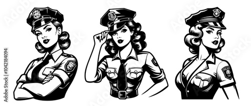 beauty pin-up girl illustration, adorable beautiful pinup woman model, comic book character, black shape silhouette vector decoration policewoman female police officer cop set