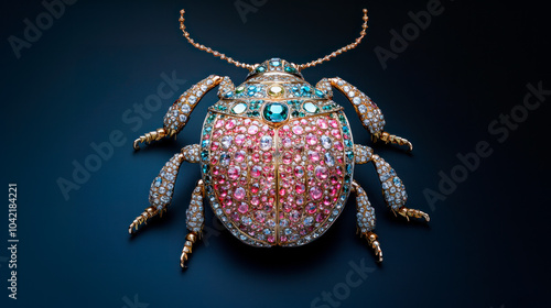 Beetle covered with diamonds and rubies, dark background photo