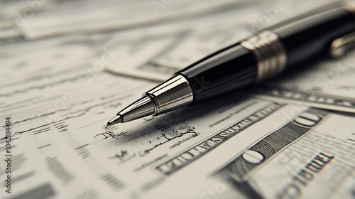 A black pen lying on top of a pile of dollar bills with a focus on the pen.