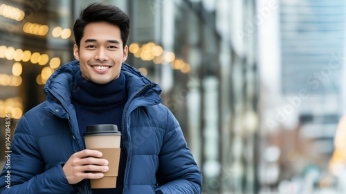 A smiling man in a blue jacket holds a coffee cup while standing on a city street, with glowing bokeh lights in the background, creating a warm and inviting atmosphere